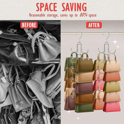 2 Pack Purse Organizer for Closet: Upgraded Purse Hanger with Large Hooks | 360 Degree Rotation for Organizer Display - Collapsible Space Saving Hangers Rack for Handbag Belt Scarve Tie - Silver