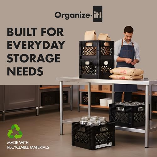 4 Pack Storage Milk Crate, Heavy-Duty Versatile Box, Black | Plastic Open Top Multi-purpose Organizers with Easy-Grip Handles, Interior 12.25"L x 12.25"W x 10.5"H
