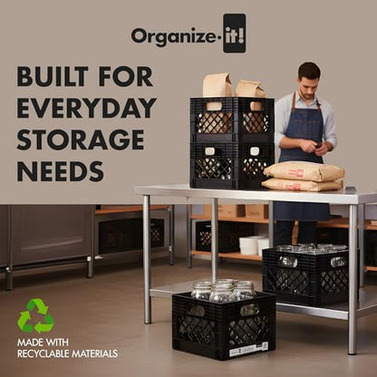 4 Pack Storage Milk Crate, Heavy-Duty Versatile Box, Black | Plastic Open Top Multi-purpose Organizers with Easy-Grip Handles, Interior 12.25"L x 12.25"W x 10.5"H