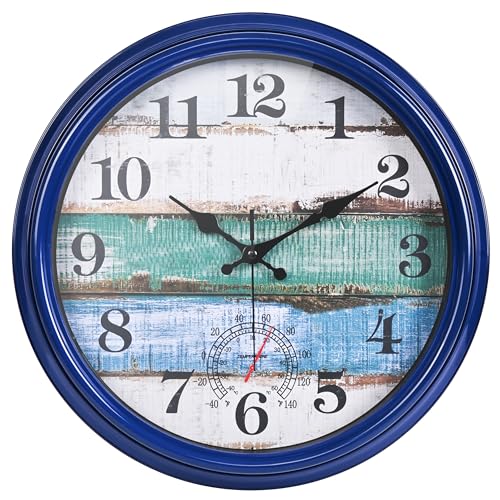 Large Outdoor Clock Waterproof with Thermometer Vintage Rustic Coastal Clock for Pool Garden Patio (16 Inch)
