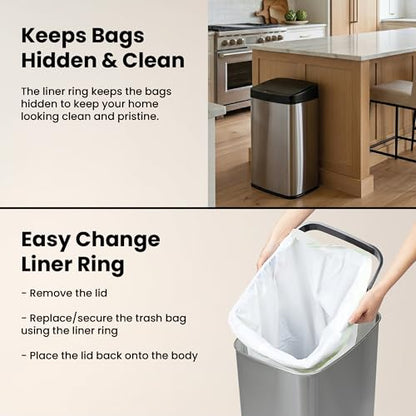 Ninestars 13 Gallon Automatic Trash Can, 50L Touchless Motion Sensor Garbage Can with Odor-Sealing Lid, Rectangular Stainless Steel, Black Trim
