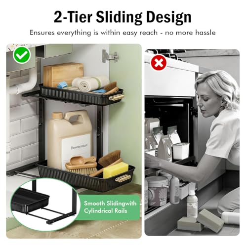 Under Sink Organizer - 2 Pack Multi-Purpose Pull-Out Storage Shelf | Slide out Pull out Cabinet Organizer Shelf, Storage for Kitchen Bathroom