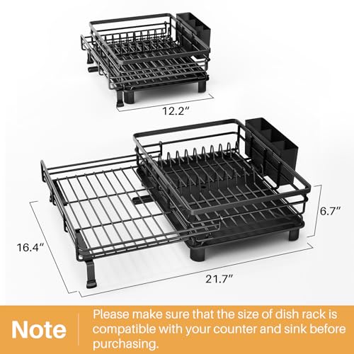 Expandable Dish Drying Rack for Kitchen Counter, Stainless Steel, Black | Foldable Over Sink, Large Capacity, Adjust to Fit Most Sinks, Angled Drainboard, Removable Utensil Holder, Slip Resistant