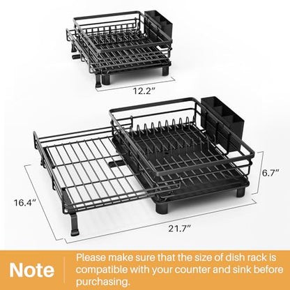 Expandable Dish Drying Rack for Kitchen Counter, Stainless Steel, Black | Foldable Over Sink, Large Capacity, Adjust to Fit Most Sinks, Angled Drainboard, Removable Utensil Holder, Slip Resistant