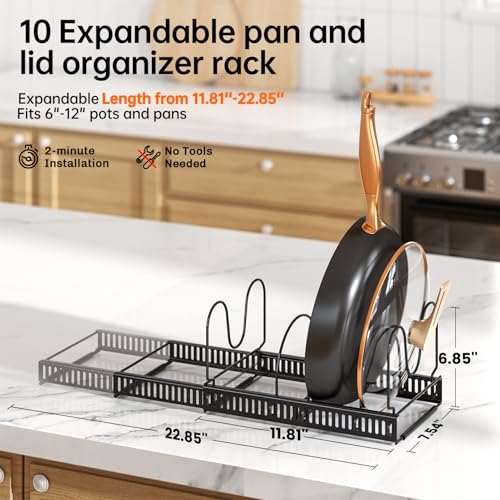 MUDEELA Expandable Pot Pan Lid Organizers inside Cabinet, 10 Divider-Black | Expandable 11.8–22.9", 10 Adjustable Divider, Tool-Free Assembly, Non-Slip, Scratch-Proof, For Pan Lid Cutting Board Bakeware