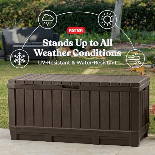 Keter Kentwood 92 Gal Outdoor Storage Box for Patio and Pool Accessories | Brown, Resin, Large, Weatherproof, Lockable, Durable, Easy Assembly, Organization, Patio Cushions Storage