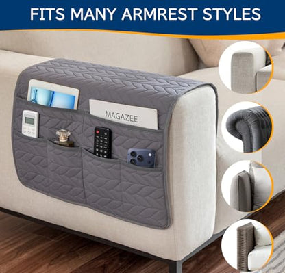 Remote Control Holder for Armchair, Couch Caddy Organizer TV Remote Holder for Recliner Couch With 6 Pockets, Non-Slip Arm Chair Caddy Bedside Table Organizer for Magazine, Tablet, Phone, iPad (Grey)