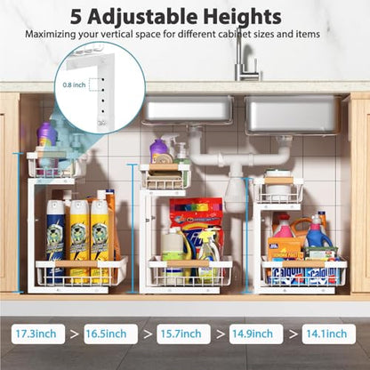 Under Sink Organizer 2 Pack, 2 Tier Slide Out Large Capacity Height Adjustable Under Sink Organizers and Storage for Kitchen Bathroom Cabinet, White