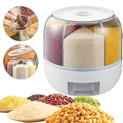Rotating Grain Storage Bin 6 Grids Rice Container One-Click Output Large Capacity Food Dispenser For Rice Grains Sealed Moisture Proof Organizer (Grey) (Small)