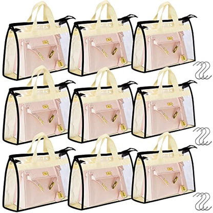 9 Pack Dust Bags for Purses and Handbags, Purse Storage Organizer | Handbag Dust Bags, Clear Handbag Storage Organizer, Purse Cover Hanging Closet Organizer with Zipper, Handles and Hooks