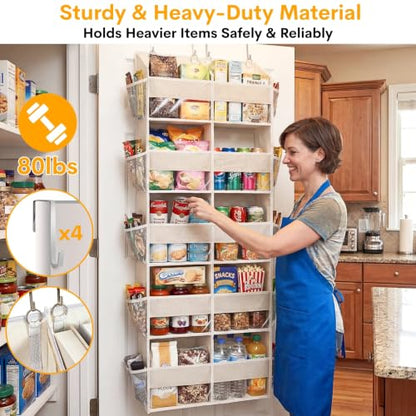 Over the Door Organizer 5 Tiers,Extra Large Behind Door Storage of 10 Compartments,80 lbs Weight Capacity Over the Door Storage, Door Hanging Organizer for Closet, Diaper Organizer, Beige