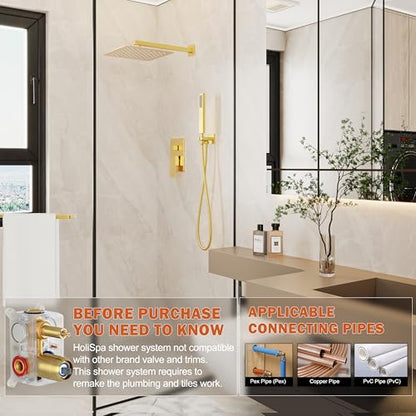 10" Rain Gold Shower System with Handheld & Valve, Brushed Gold | Wall-Mounted High-Pressure Shower Faucet Combo Set, 10-Inch Rain Shower Head with Handheld Spray,Includes Valve and Trim Kit