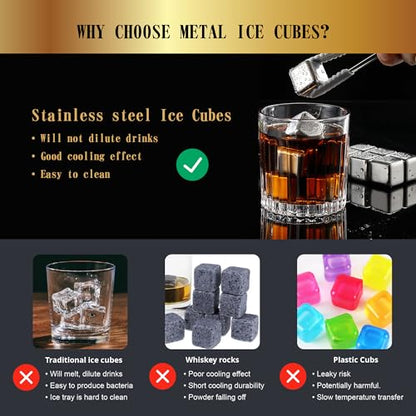 16 Pack Reusable Stainless Steel Ice Cubes for Drinks - Metal Whiskey Stones, High Cooling Technology, for Whiskey, Vodka, Liqueurs, Wine, Beverage Juice or Soda, Pack of 16