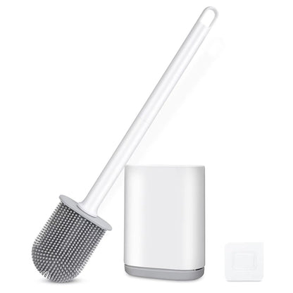 Silicone Toilet Brush and Holder, Wall Mounted No Rust Problem White | TPR Small and compact Flex Flat head Scrubber Ergonomics Modern Cute Bendable Matte Hidden Bathtub