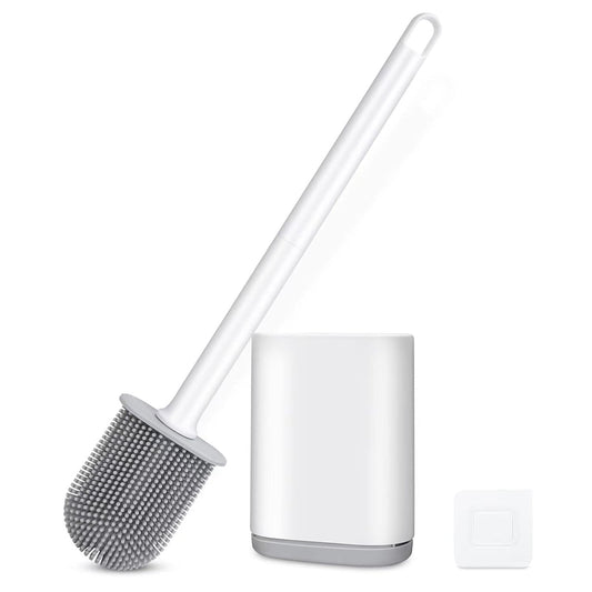 Silicone Toilet Brush and Holder, Wall Mounted No Rust Problem White | TPR Small and compact Flex Flat head Scrubber Ergonomics Modern Cute Bendable Matte Hidden Bathtub