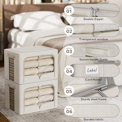 FHSQX 3 Pack Clothes Storage Bins Foldable Metal Frame Storage Box Stackable Linen Fabric Organizer Set with Carrying Handles and Clear Window (Beige, 15.7x11.8x11.8inch(36L))
