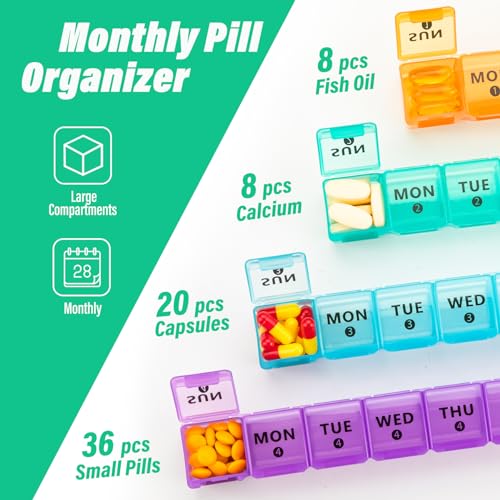 Mossime Monthly Pill Organizer 28 Day, Large 4 Week Medicine Dispenser | Food Grade PP, BPA Free, 3D Printed Labels, 8 Fish Oils per Slot, Drop-Proof Case, for Seniors & Travel