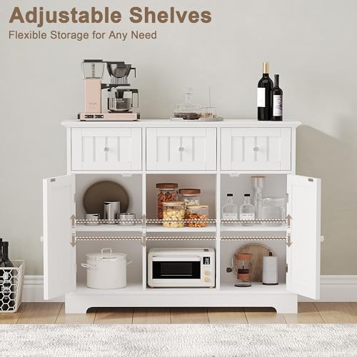 ChooChoo 35.4" Coffee Bar Cabinet with 3 Drawers and 2 Doors, White | Buffet Cabinet with Adjustable Shelves, Storage Cabinet for Compact Kitchens, Dining rooms and Living rooms
