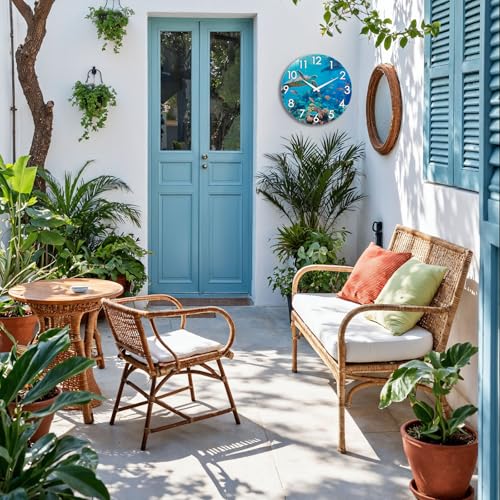 Crosstime 12 Inch Outdoor Clock – Waterproof Tempered Glass with Sea Turtle & Marine Life Theme, UV Resistant, Silent Nautical Coastal Decor Wall Clock for Patio, Pool, Garden, Backyard, Bathroom
