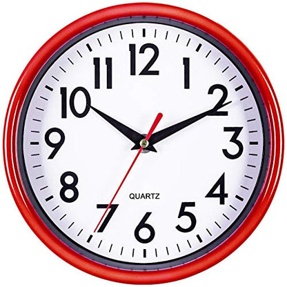 Bernhard Products Red Wall Clock 8" Retro Kitchen Silent Non-Ticking Quality Quartz Battery Operated Round Clock for Office Classroom Bedroom Bathroom Easy to Read
