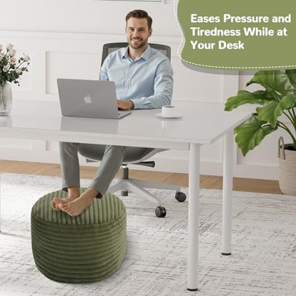 MeMoreCool Stuffed Round Pouf Ottoman Foot Rest, Corduroy Footstool, Green | Soft corduroy floor pouf footstool, foam filled round footrest for living room couch or sofa