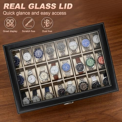 Artilife 24 Slot Watch Box for Men, Watch Cases for Men, Watch Display Case, Glass Top PU Leather Watch Storage Organizer with Removable Pillows for Him