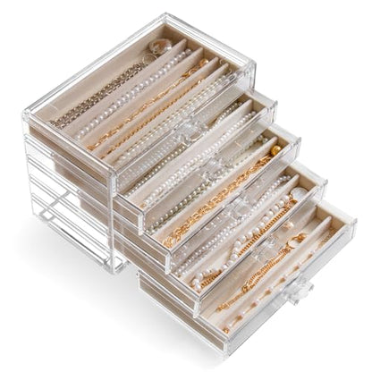 YUFONG Necklace Holder Organizer, Dustproof Necklace Box Velvet Necklace Organizer Box with Lid Clear Acrylic Dustproof Stackable Jewelry Displays for Necklaces Chain Display (Beige, 5 Drawer)