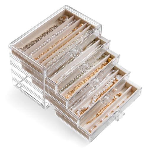 YUFONG Necklace Holder Organizer, Dustproof Necklace Box Velvet Necklace Organizer Box with Lid Clear Acrylic Dustproof Stackable Jewelry Displays for Necklaces Chain Display (Beige, 5 Drawer)