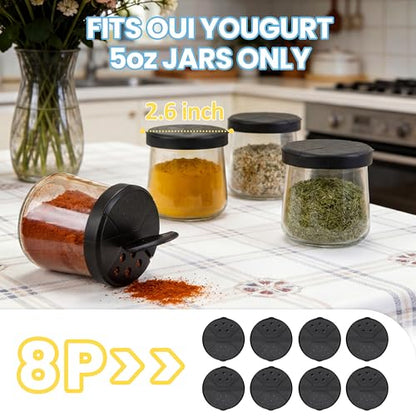 Spice Shaker Lids Only Compatible with Oui Yogurt Jars(5 oz Jar), 8 PCS Durable Ajustable Shaker Lids, Food-Grade Spice Dispenser Tops, Dishwasher Safe (Jars Not Included)