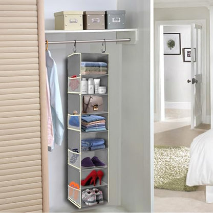Large-Sized Hanging Shoe Organizer 8-Shelf, Hanging Closet Organizer with 8 Side Pockets, Wider Hanging Shelves for Storage Shoes Clothes 9" W × 11.8" D× 48" H, Grey