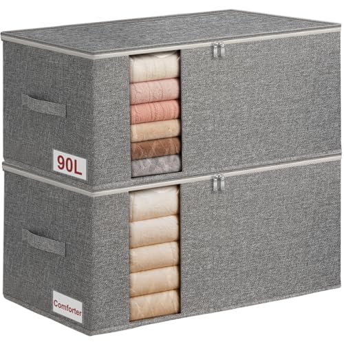 90L Rigid-Structured King Size Comforter Storage Bag, 2 Pack, Gray | Rigid Sides & Bottom, Stackable & Foldable Design, for King Quilts, Bedding, Pillows and Clothes, Closet & Dorm Organization