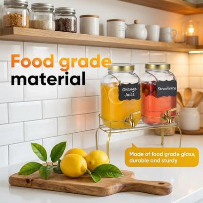 1 Gallon Glass Drink Dispenser Set of 2 – Drink Dispensers for Parties, Beverage Dispenser with Stand & 100% Leakproof Spigot, Ideal for Lemonade, Juice, Laundry Detergent Dispenser