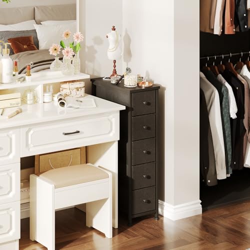 Narrow Dresser, 19" Wide Narrow Nightstand Dresser Storage Tower with 5 Drawers, Slim Fabric Dressers Chest of Drawers for Small Spaces, Wood Top & Fabric Bins for Bedroom Bathroom Closet (Black)