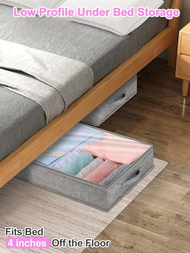 punemi 4 inch High Soft Low Profile Under Bed Storage Bins, 2 Pack, Grey | Foldable Clothes Storage Bag with Zippers & Clear Top, Shallow Design for Under Cabinet, Sofa, Crib & Bed Storage