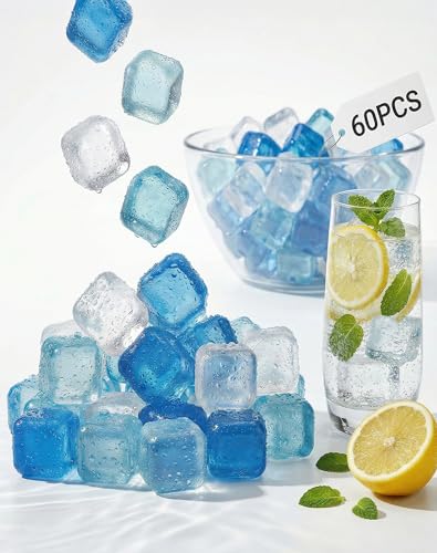 60 Pack Reusable Ice Cubes for Drinks, Camping and OutdoorIce Baths | BPA-free Plastic Ice Cubes, No Need for Dilution, Slowly Melt, for Ready-to-use Refrigeration Packs, Bbars and Party Hosts