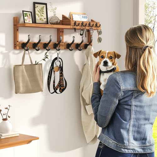 Evermagin 29" Coat Rack Wall Mount with Shelf & 11 Hooks, Entryway, Brown | Wooden Wall Mounted Coat and Key Rack with Hooks, Key Hanger with Mail Holder for Living Room, Mudroom, Bedroom