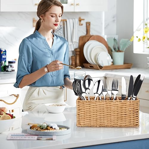 Flatware Silverware Caddy Party Cutlery Utensil Holder Organizer Counter | Plastic Silverware Holder Table Wicker Small Kitchen Utensils Holder for Countertop Fork Spoon Organizer Cutlery Caddy Basket