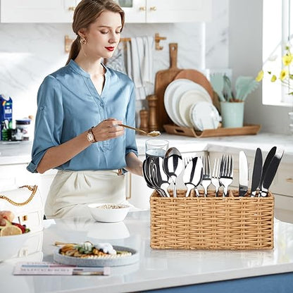 Flatware Silverware Caddy Party Cutlery Utensil Holder Organizer Counter | Plastic Silverware Holder Table Wicker Small Kitchen Utensils Holder for Countertop Fork Spoon Organizer Cutlery Caddy Basket