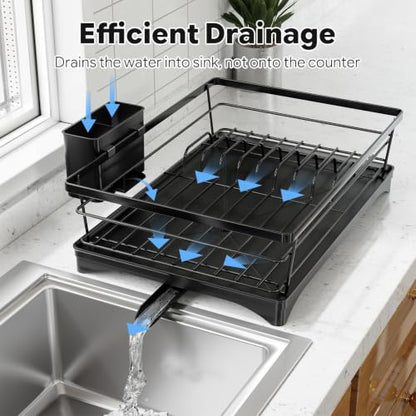 Simple Trending Dish Drying Rack, 12''W x 16''L, Black | Dish Rack for Kitchen Counter, Stainless Steel Dish Drainer, Cutlery Holder, Drainboard, Space-Saving, Easy Installation