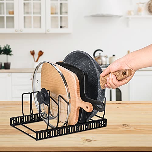 Toplife Pot Lids Organizer Rack for Cabinet and Countertop, 7+ Pan Lids and Bakeware Organizer Rack Holder with 7 Adjustable Compartments - Black