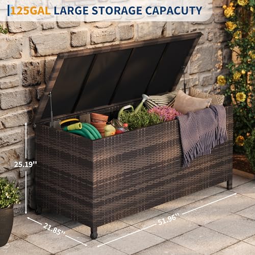 125 Gallon Large Deck Box Waterproof PE Rattan Outdoor Storage Box with Handles and Wheels, Storage Bin for Garden, Balcony, Porch, Pool, Yard | Outdoor Storage Box with Handles and Wheels, Storage Bin for Garden, Balcony, Porch, Pool, Yard