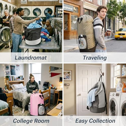 Large Backpack Laundry Bag (29" H × 15" Dia), Waterproof Clothes Hamper Bag, 900D Oxford Fabric Body and Double-Layer Nylon Base, Perfect for College Dorm, Travel, Apartment, Laundromat (Black)