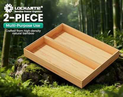 Long Bamboo Kitchen Drawer Organizer Boxes 17" x 6" Wood Pantry Organizers | Set of 2 Stackable Wooden Silverware Utensil Tray for Drawers Bins Cutlery & Flatware Storage for Junk Drawer Bathroom Rv