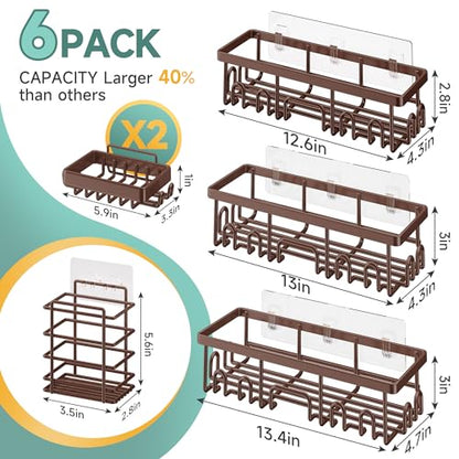 Veken Shower Caddy 6-Pack, No Drilling & Rustproof, Waterproof Adhesive Shelves Rack with Soap Holder, Large Capacity Bathroom Organizers and Storage, Wall-Mounted Kitchen & Home Decor