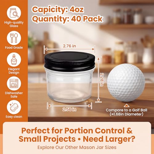 40 Packs 4oz Mini Mason Jars with Lids(Black), Small Canning Glass Jars