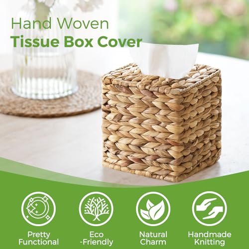 Wicker Tissue Box Cover Square, Handwoven Facial Tissue Napkin Box Holder | Natural Water Hyacinth, Decorative Tissue Cover Tissue Holder for Bathroom Bedroom Office Table Desk Night Stand, Boho Decor