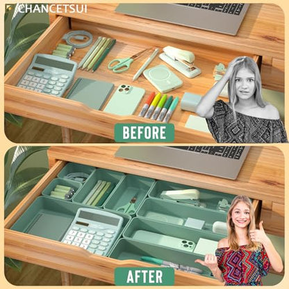 CHANCETSUI 9 Pcs Stackable Drawer Organizer Trays Set, Green, Multifunctional Storage for Vanity, Bathroom, Kitchen, Desk Drawer Organizer Office, PET Plastic | sage green desk shallow vanity plastic office junk small bins kitchen