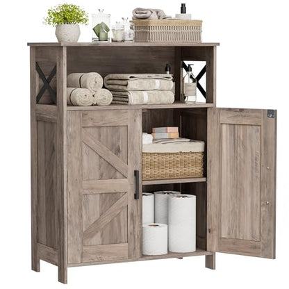 Homhedy Farmhouse Bathroom Storage Cabinet with Doors, Small Floor Cabinet | Toilet Paper Cabinet with Adjustable Shelf, Freestanding Storage Cabinet for Kitchen/Laundry/Living Room, 24"W, Greige
