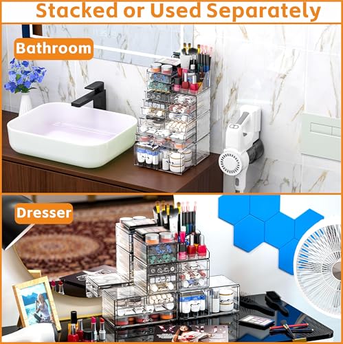 Cq acrylic Make Up Organizers for Vanity With 14 Drawers, 4 Pack Clear Drawer Organizers,Plastic Cute Desk Accessories Organization and Bathroom Organizers Storage Case Box Cube for Beauty,Skin Care