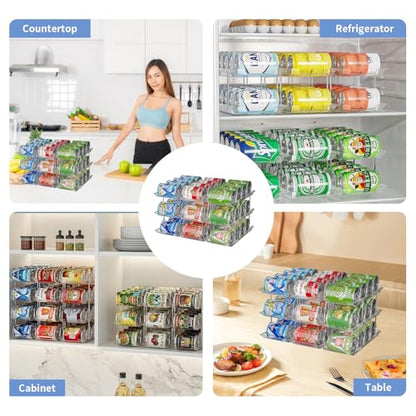Can Organizer for Pantry, 3-Tier Stackable Can Dispenser Rack | Automatic Rolling, Modular Flexible Combination, Extra-Thick Clear Material, Cabinet Pantry Fridge Countertop Storage